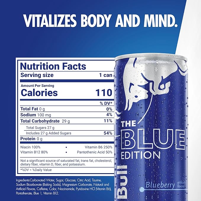 Red Bull Blue Edition Energy Drink, Blueberry, with 80mg Caffeine plus Taurine & B Vitamins, 8.4 Fl Oz, Pack of 24 Cans