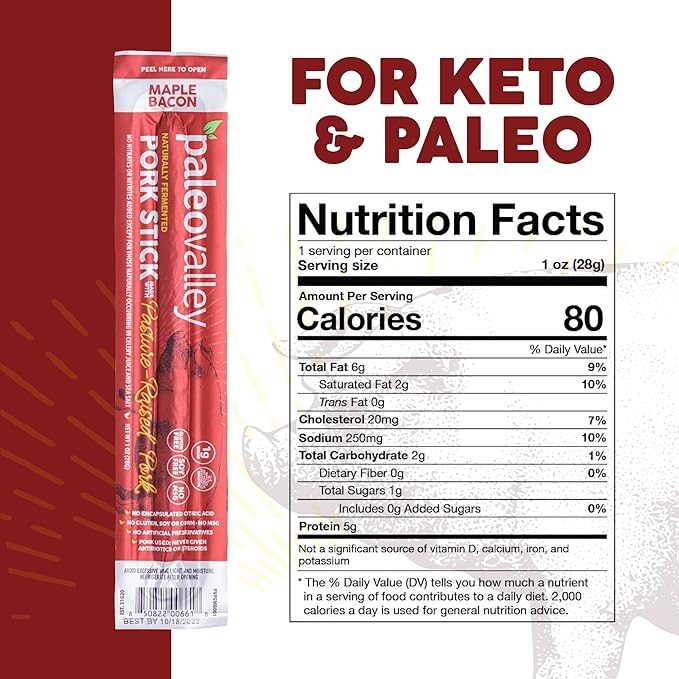Paleovalley Pasture-Raised Pork Sticks - Maple Bacon Flavor Meat Sticks Individually Wrapped, 28g - 10 Sticks - Gluten-Free Protein Snack