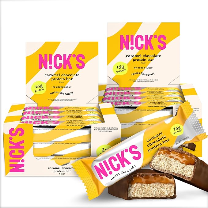 Nick's Protein Bars Chocolate Caramel | 15g protein | 190 calories | Low Carb Keto Friendly Snacks No Added Sugar (Multipack 24 bars x 50g)