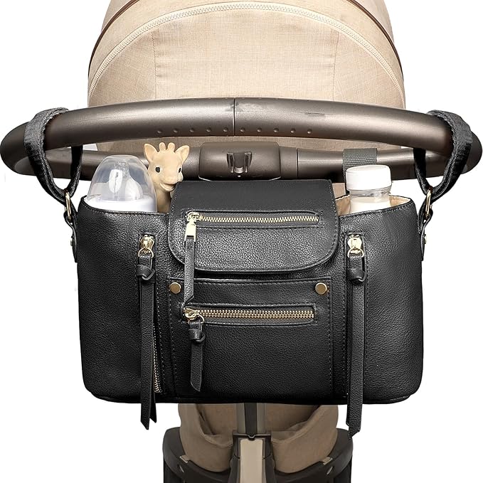 miss fong Stroller Organizer with Insulated Cup Holder Stroller Caddy Stroller Accessory BagStroller Diaper Bag Stroller Storage Stroller Bag with Adjustable Strap to Fit All Strollers (Black)