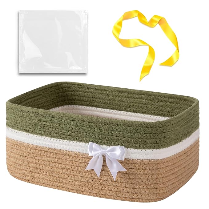 OIAHOMY Large Woven Storage Basket with Handles for Nursery Living Room Shelves, Bow Basket for Gifts Empty with Gift Bags and Ribbons for Baby Showers Pet Toy Bin - Light Green & Yellow