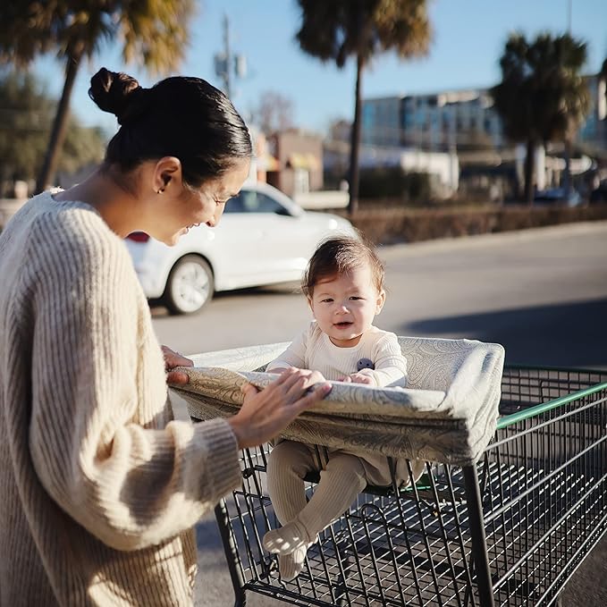 mushie Baby Car Seat Canopy Cover | Breathable & Stretchy Multi Use Cover for Breastfeeding, Nursing, High Chair, Shopping Cart, Strollers (Green Paisley)