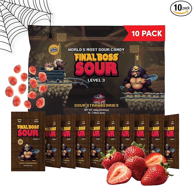 Final Boss Sour Candy, Sour Strawberries, 10 Pack, Level 3, Fruit Chews with Real Dried Fruit, No Artificial Colors or Flavors, Low Calorie Snack for Kids, Teens, Adults, Lunch Boxes & On The Go