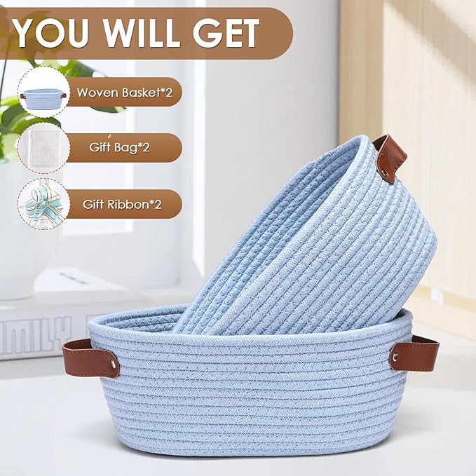 CHEPULA 2 Pack Woven Basket with Gift Bags and Ribbons, Gift Basket Empty for Organizer Baby Shower, Holiday Presents, Wedding, Storage Basket for Nursery (Blue)