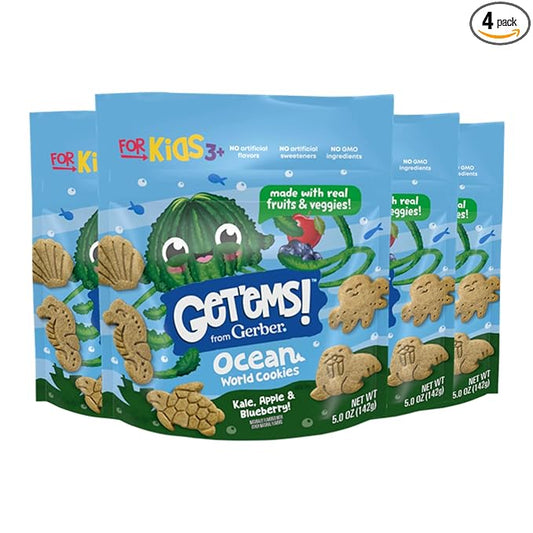 Get'ems! from Gerber, Snacks for Kids, Kale, Apple & Blueberry Ocean World Cookies, Made with Real Veggies & Fruits, Iron & Vitamin E - 4 pack
