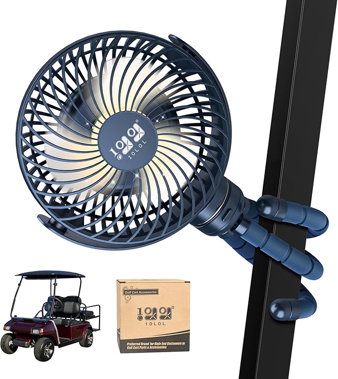 10L0L Golf Cart Fan - Universal Mount, 8000mAh Battery, 3-Speed Fan, LED Light, 56-Hour Runtime, Reverse Charging Function for Yamaha EZGO Club Car Golf Cart, Blue