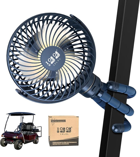 10L0L Golf Cart Fan - Universal Mount, 8000mAh Battery, 3-Speed Fan, LED Light, 56-Hour Runtime, Reverse Charging Function for Yamaha EZGO Club Car Golf Cart, Blue