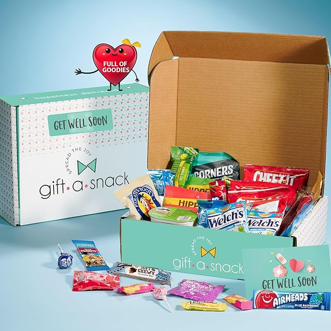 Gift A Snack - Get Well Soon Snack Box Variety Pack Care Package + Greeting Card (60 Count) Feel Better Sweet Treats Gift Basket, Candies Chips Crackers Bars - Cravy Food Assortments & Variety Gifts