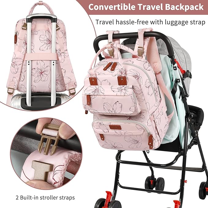 Diaper Bag Backpack, Baby Girl Diaper Bag for Mom, Large Pink Floral Diaper Bag Backpack for Girls, Waterproof Mom Backpack for Work Travel Holiday with Insulated Pockets and Stroller Straps
