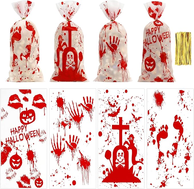 100 PCS Halloween Cellophane Bags(5.1x10.6 Inch) with Ties Horror Ghost Blood Theme Trick or Treat Bag Goodie Candy Gifts Bags Pouches for Halloween Wicked Party Favors Supplies Birthday Decorations