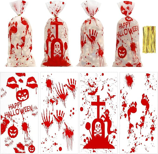 100 PCS Halloween Cellophane Bags(5.1x10.6 Inch) with Ties Horror Ghost Blood Theme Trick or Treat Bag Goodie Candy Gifts Bags Pouches for Halloween Wicked Party Favors Supplies Birthday Decorations