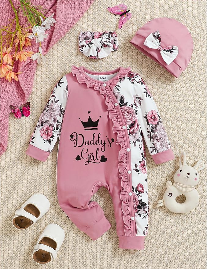 Preemie Newborn Baby Girl Clothes Infant Fall Winter Outfits Letter Floral One-Piece Romper+Jumpsuit