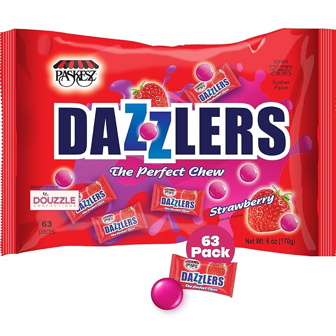 DOUzzle Back To School Dazzlers Strawberry Chews, The Perfect Chew Candy (63 Count, 1 Pack) Individually Wrapped, Party Favor, Goodie Bag & Pinata Filler - Kosher Parve