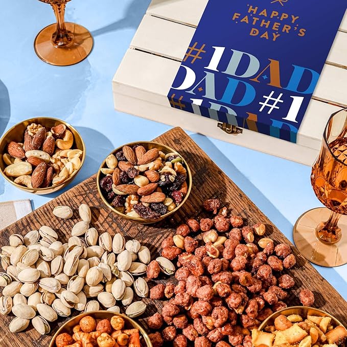 Fathers Day Gift Basket, Nut Gift Basket in Reusable Wooden Crate, Healthy Gift Option, Gourmet Snack Food Box, with Unique Flavors, Great for Dad, Father, Grandfather, Bonnie & Pop