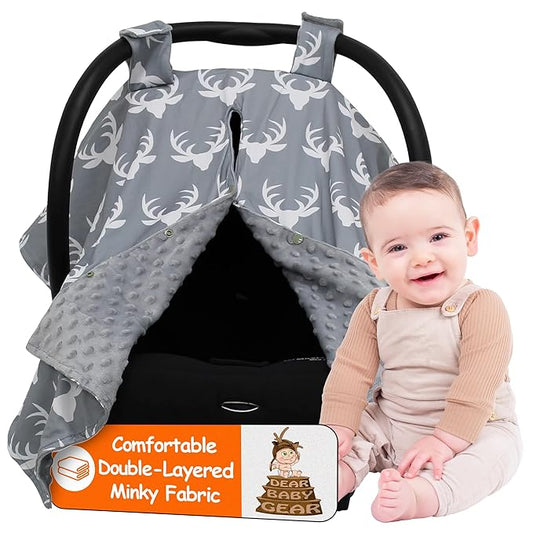 Dear Baby Gear - Car Seat Canopy - Baby Carrier Cover - Infant Car Seat Cover - Carseat Covers with Snap Opening - Carseat Canopies for Boys & Girls - 40x30 (White Antlers on Gray, Gray Reverse)