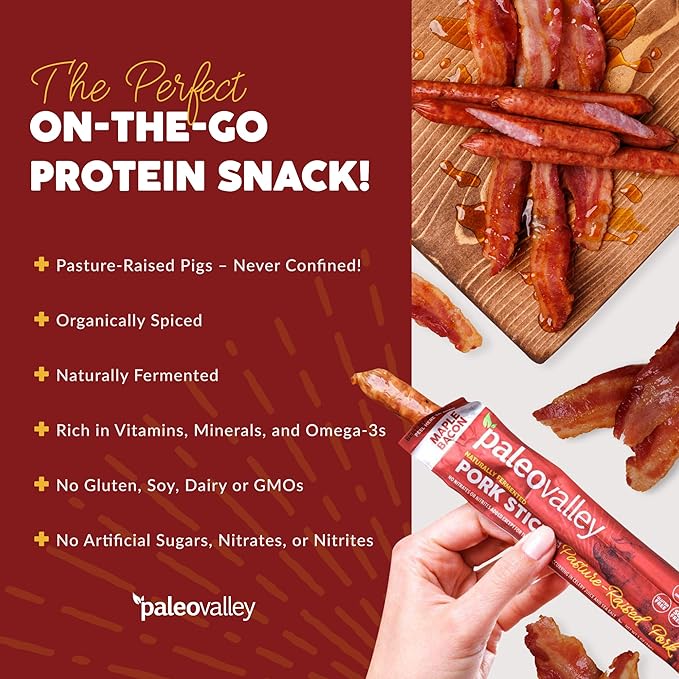 Paleovalley Pasture-Raised Pork Sticks - Maple Bacon Flavor Meat Sticks Individually Wrapped, 28g - 10 Sticks - Gluten-Free Protein Snack