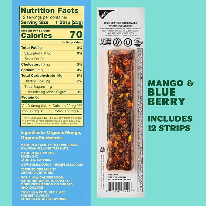 SOLELY - Organic Mango Blueberry Fruit Jerky - 12 Individually Wrapped Strips - Fruit Leather Made from Dried Fruit - Healthy Snacks for Adults & Kids - Non GMO, Vegan Snacks - 0.8oz (23g)