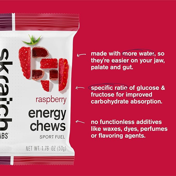 Skratch Labs Energy Chews | Gummies for Running, Cycling, and Sports Performance | Gel Alternative | Raspberry (10 Pack) | Gluten Free, Vegan