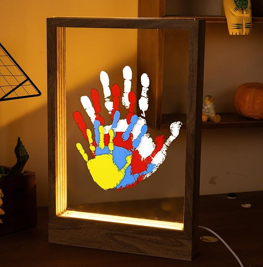 CHERRY CHEERS Family Handprint Kit with Light, Handprint Keepsake Frame, Wooden Led Light, Easy Install, No Need Screw etc, Non-Toxic Paints (Brown)