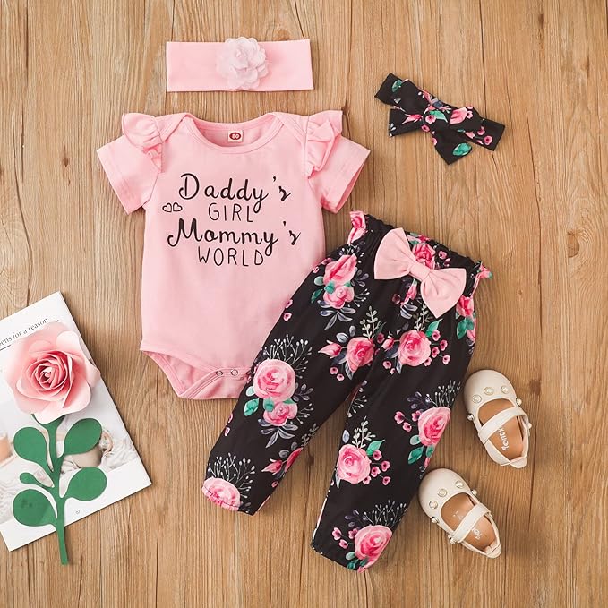 AMAWMW Newborn Baby Girl Clothes Infant Baby Ruffle Romper Pants Summer Outfits 4PCS Gifts Set Toddler Girls' Clothing