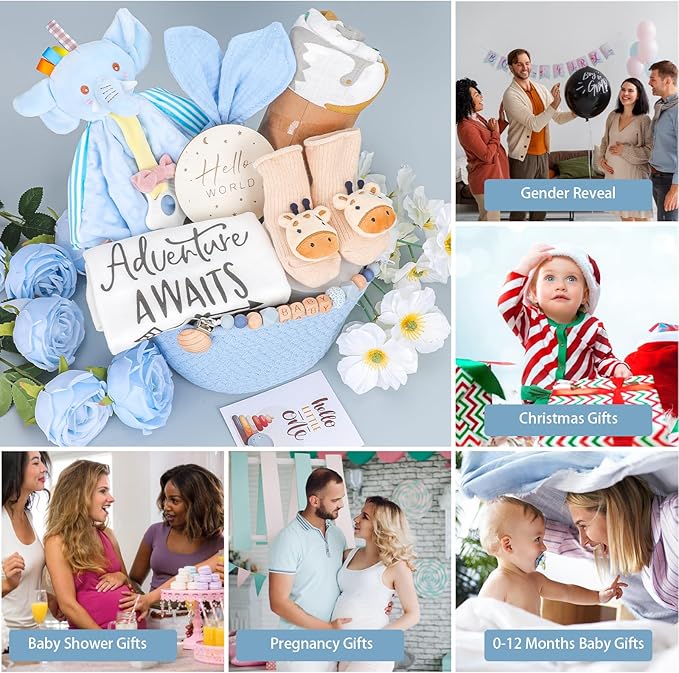 Baby Boy Gifts Basket Gender Reveal Gifts with Essentials Must Haves Newborn Stuff, Deluxe New Baby Gift Basket for Expecting Moms, Baby Layette Set