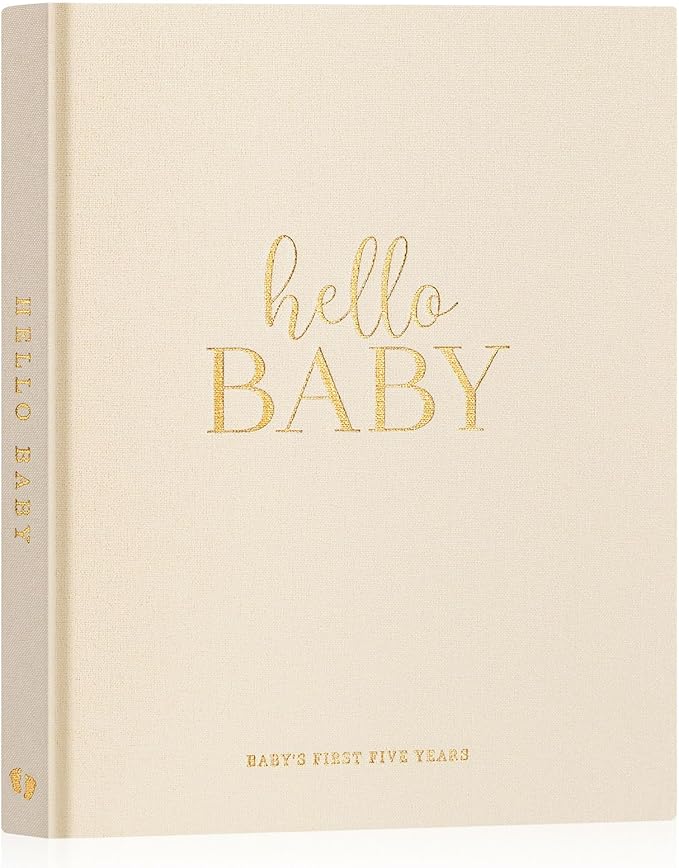 Lanpn Hello Baby First 5 Year Memory Book for Boy Girl - Linen Hardcover Baby Book Keepsake for New Parents - Newborn Baby Journal Scrapbook Photo Album Baby Milestone Book (Beige, 154 Pages)