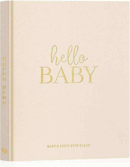 Lanpn Hello Baby First 5 Year Memory Book for Boy Girl - Linen Hardcover Baby Book Keepsake for New Parents - Newborn Baby Journal Scrapbook Photo Album Baby Milestone Book (Beige, 154 Pages)