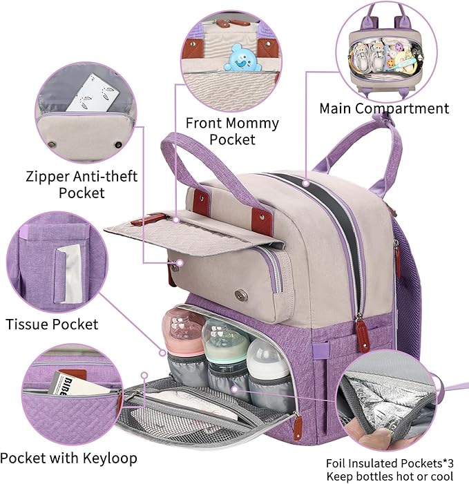 Diaper Bag Backpack, Large Unisex Baby Bags for Boys Girls, Purple Baby Nappy Diaper Bag, Multipurpose Travel Back Pack for Moms Dads with Insulated Pockets and Stroller Straps