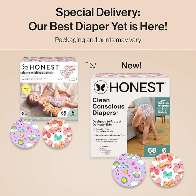 The Honest Company Clean Conscious Diapers for Delicate Skin | Up to 100% Leakproof | Hypoallergenic, Fragrance Free | Girl Prints | Super Club Box, Size 6 (35+ lbs), 68 Count (Prints May Vary)