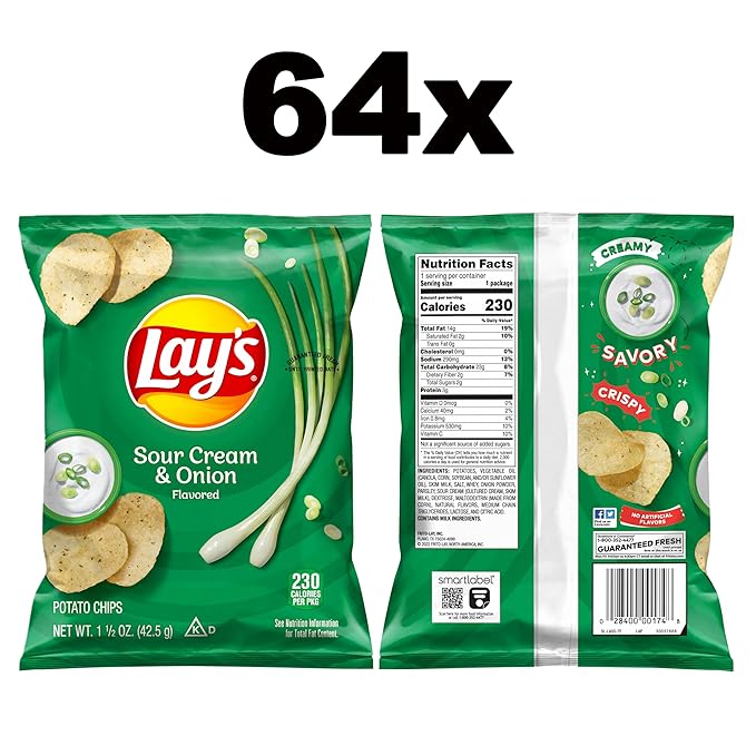 Lay's Potato Chips, Sour Cream & Onion, 1.5 Ounce (Pack of 64)