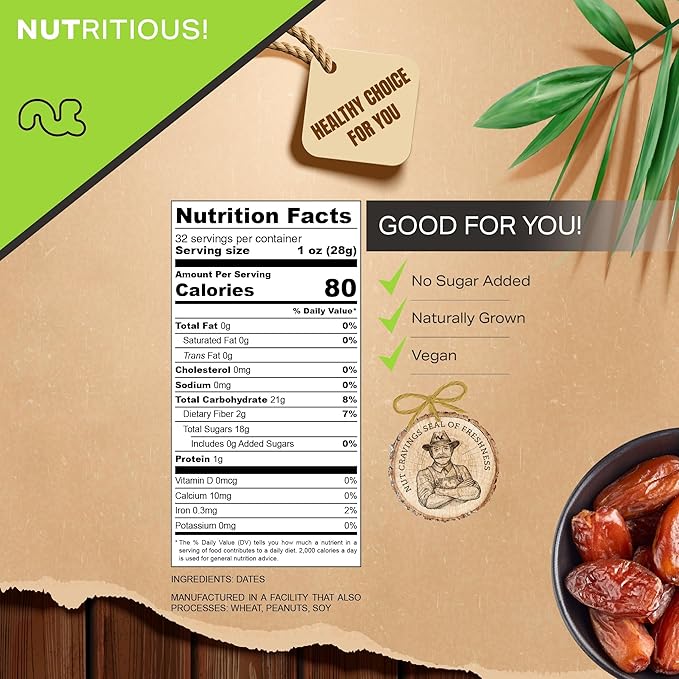 NUT CRAVINGS - Sun Dried Deglet Noor Dates Pitted, No Sugar Added (32oz, 2 LB) Bulk Dry Fruits Packed Fresh in Resealable Bag - Sweet Healthy Snack, Naturally Grown, Vegan, Kosher