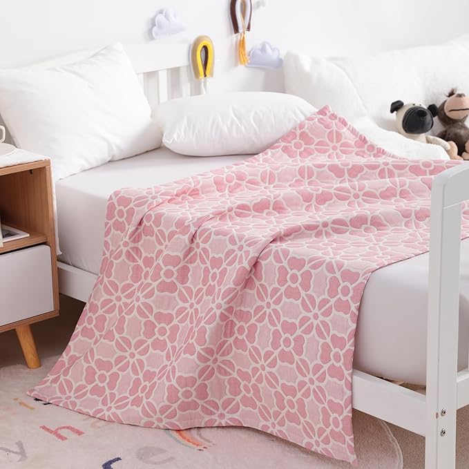 NTBAY 3 Layer Oversized Muslin Cotton Toddler Blanket, 45x60 Inches Jacquard Reversible Nursery Bed Blanket, Super Soft and Thermal Crib Blanket for All Seasons, Baby Gift, 45"x60", Pink Clover