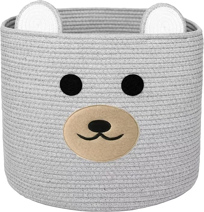 Bear Laundry Baskets Laundry Hamper Storage Baskets with Handles,Decorative Basket for Living room,Woven Storage Basket for Toys Bin Pillows Blankets Clothes (Grey)