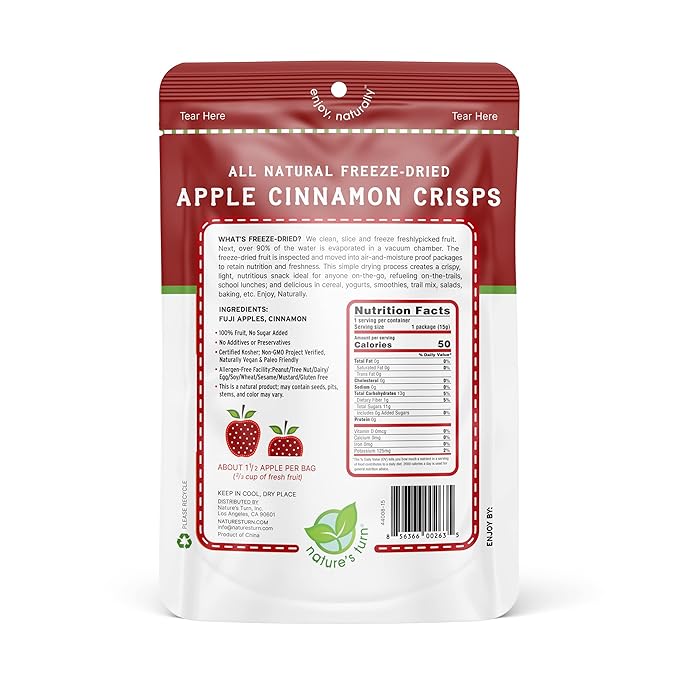 Nature’s Turn Freeze-Dried Apple Cinnamon Crisps – Healthy, Gluten-Free, Crispy & Delicious, Plant-Based Snack, Ideal for Cereal, Smoothies, School Lunches, & On-the-Go, Pack of 6 (0.53 oz Each)
