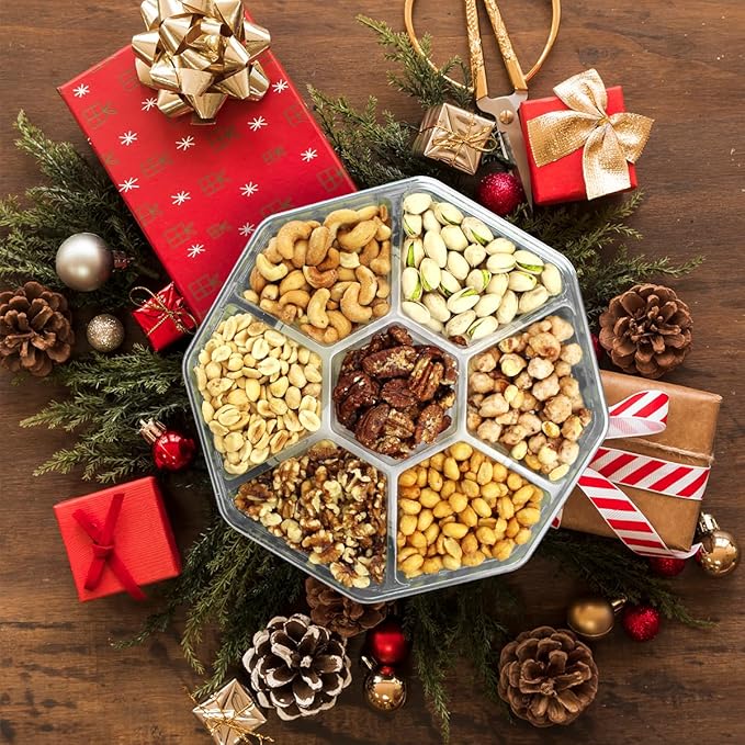 Nuts Gift Basket - 7 Sectional Platter With a Variety of Freshly Roasted Nuts - Beautifully Packaged Gift for Birthday, Sympathy. Large Family Pack.