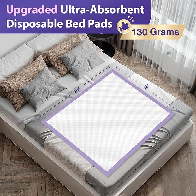 130 Grams Heavy Duty Bed Pads 36''X36'',50 Count Purple Disposable Underpads Extra Large Chucks Pads Incontinence Pads for Adult, Senior, Kids and Pet