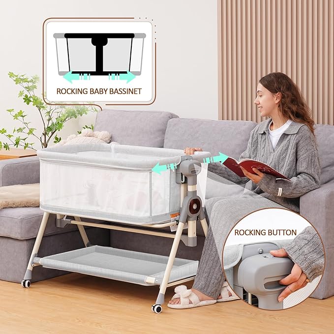 Baby Bassinet,Rocking Bassinet with Waterproof Sheet,3 in 1 Baby Bassinets Bedside Sleeper,6 Height Adjustable Bedside Bassinet for Newborn(Light Grey)