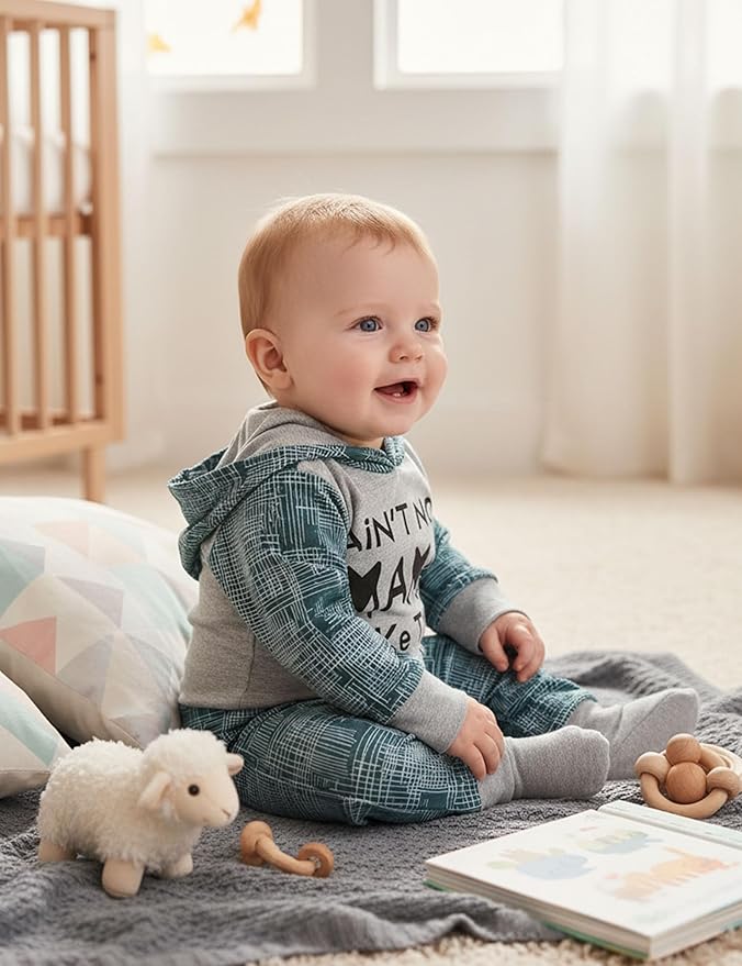 Fommy Newborn Baby Boy Clothes Plaid Letter Print Long Sleeve Hoodies + Long Pants 2PCS Fall Winter Outfits Set