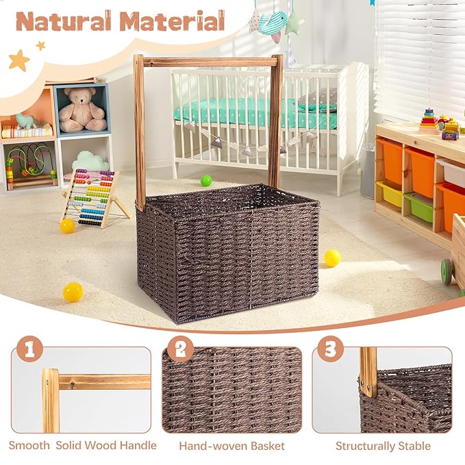 Wooden Baby Shower Crate Closet, Baby Storage Crate with Handle, Foldable Handwoven Storage Basket for Gifts, Welcome Gift Basket for Newborn Boys Girls, Pregnancy Gifts for New Parents
