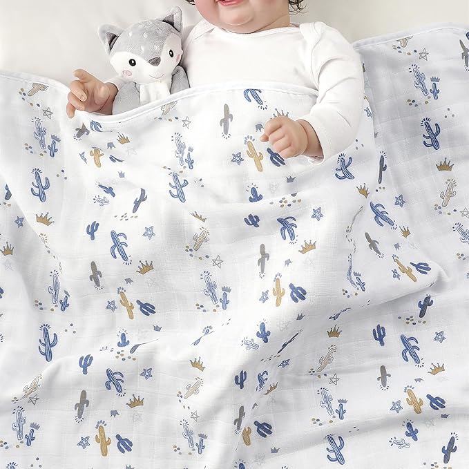 CREVENT 40''X40'' 100% Organic Cotton Muslin Baby Blanket for Newborns, Essential for Baby Shower Birthday Gift - Cactus 100X100cm