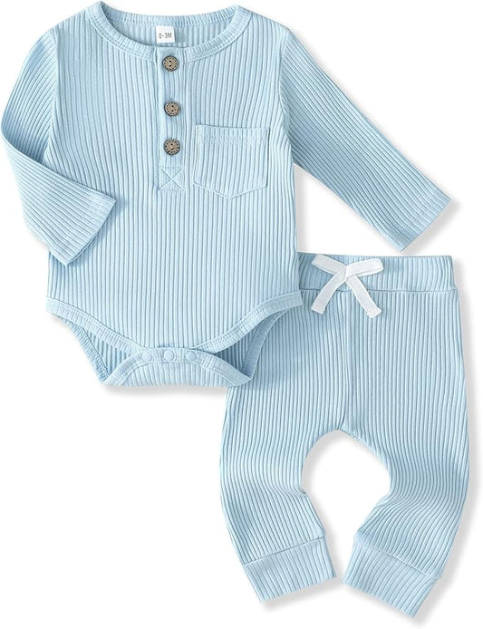 Newborn Baby Boy Girl Clothes Ribbed Knit Cotton Long Sleeve Romper Long Pant Preemie Solid Color Unisex Outfits