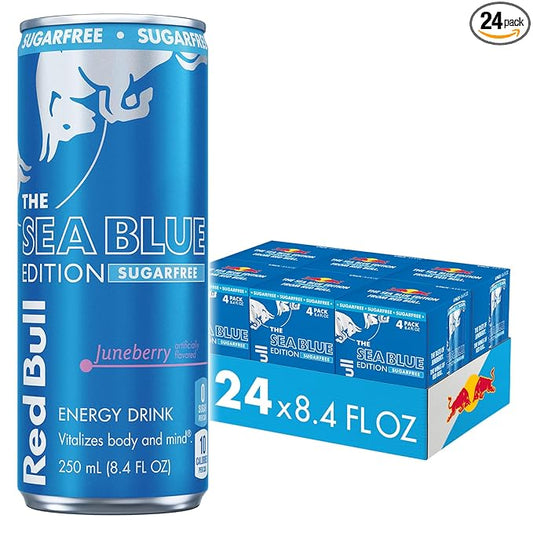 Red Bull Sea Blue Edition Sugar Free Energy Drink, Juneberry, 8.4 fl. oz., 6 x 4 Cans, Pack of 24 Cans, with 80mg Caffeine, Taurine & B Vitamins