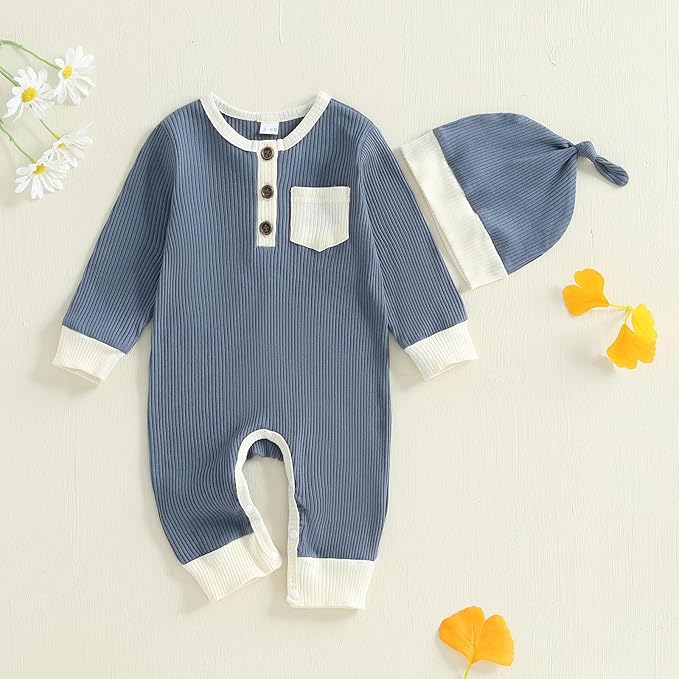fhutpw Newborn Baby Boy Clothes Ribbed Knit Bodysuit 3 6 Months Infant Fall Long Sleeve Splicing Color Romper Jumpsuit & Hat