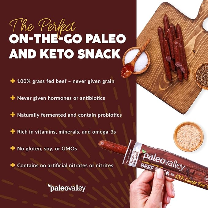 Paleovalley 100% Grass Fed Summer Sausage Beef Sticks - Delicious Gluten Free Beef Snack - High Protein Keto Friendly