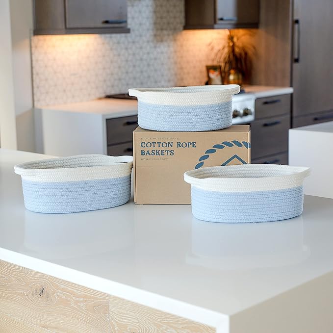 NaturalCozy 3-Piece Oval Storage Basket Set– Soft Natural Rope Woven Baskets for Storage Shelf, Toy, Nursery, Gift, Baby Shower, Pets Cat Dog Bins | Small Basket for Organizing (Off White & Blue)