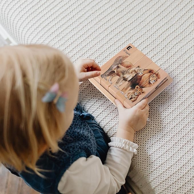 Wooden Safari Animals Learning Puzzle Set, 4-in-1 Block Puzzles for Toddlers 18 Months+, Educational Montessori Toys with Storage Tray