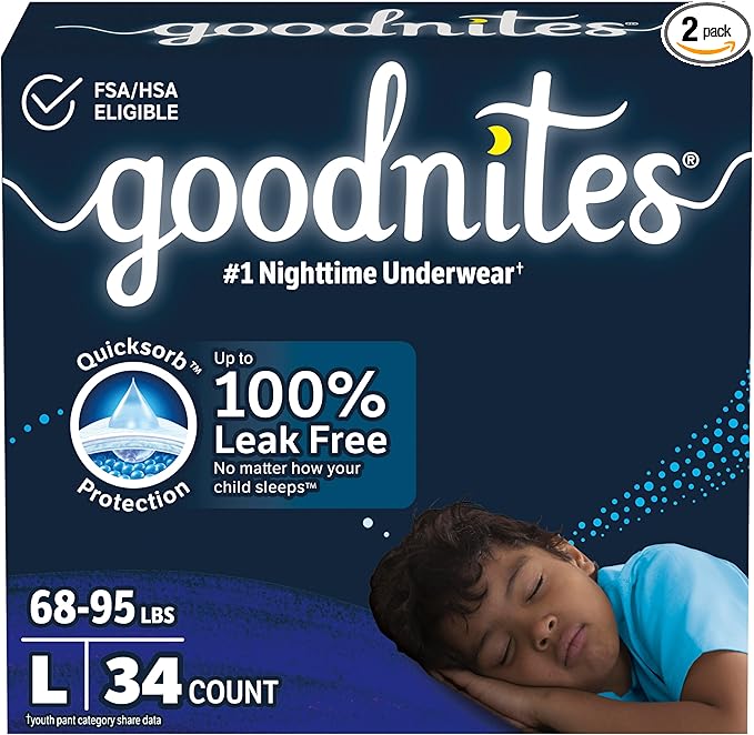 Goodnites Boys' Nighttime Bedwetting Underwear, Size Large (68-95 lbs), 34 Ct (2 Packs of 17), Packaging May Vary
