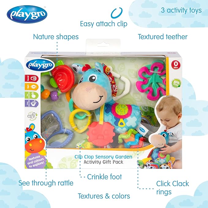 Playgro Clip Clop Sensory Garden Activity Gift Pack - Versatile Crib and Stroller Toys for Infants 0+ Months - STEM-Infused Learning for Teething & Sensory Development