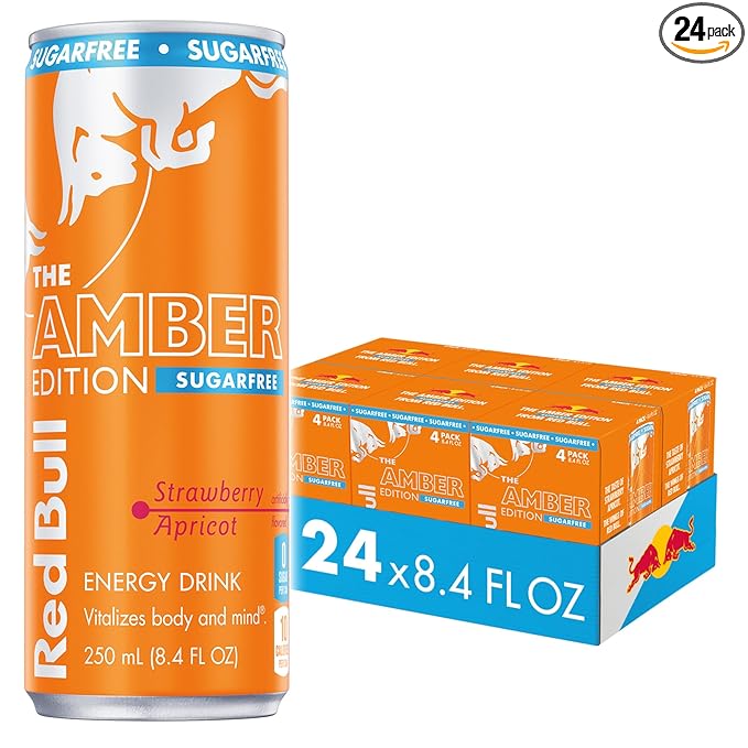 Red Bull Amber Edition Sugar Free Energy Drink, Strawberry Apricot, with 80mg Caffeine plus Taurine & B Vitamins, 8.4 Fl Oz, 6 Packs of 4 Cans (Pack of 24)