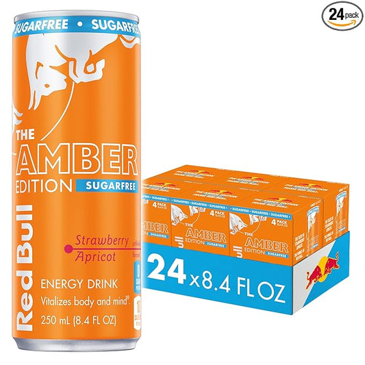 Red Bull Amber Edition Sugar Free Energy Drink, Strawberry Apricot, with 80mg Caffeine plus Taurine & B Vitamins, 8.4 Fl Oz, 6 Packs of 4 Cans (Pack of 24)
